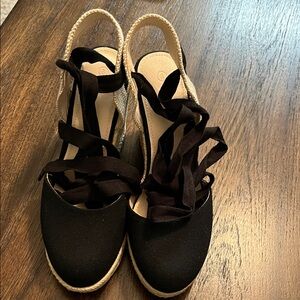 NWOT Black Espadrille Wedge Sandals with Ankle Tie